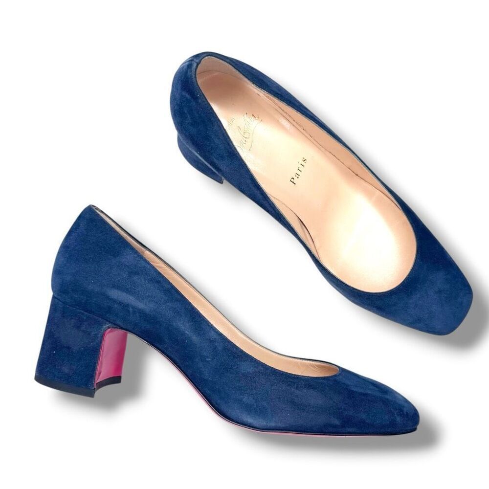 Christian Louboutin Donna Stud 55 Veau Velours Blue Suede Block Heel Pump 38.5